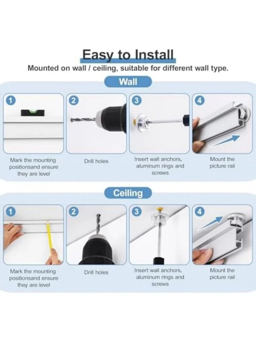 47 Inch Picture Rail Hanging System for Gallery, Studio, Home Decor & Art